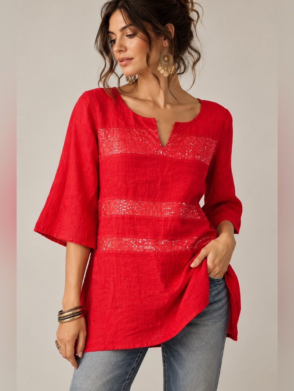 Lina Tomei Linen Sequin Tunic Top Size L Red 3/4 Sleeves Blouse